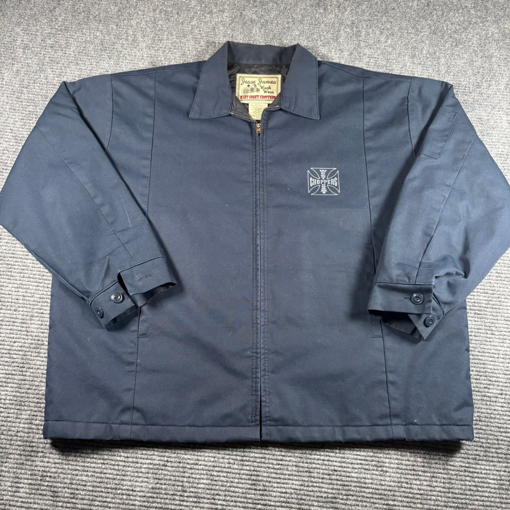 Jesse James West Coast Choppers Workwear Jacket Mens 2XL Navy Blue Long Beach CA